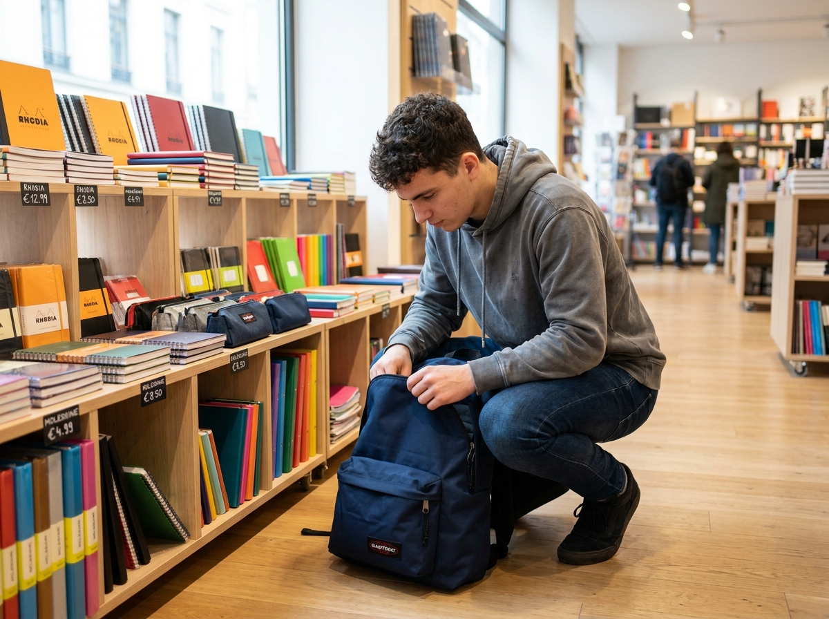 Jeune homme comparant des sacs à dos Eastpak pas chers dans une papeterie avant la rentrée 2026