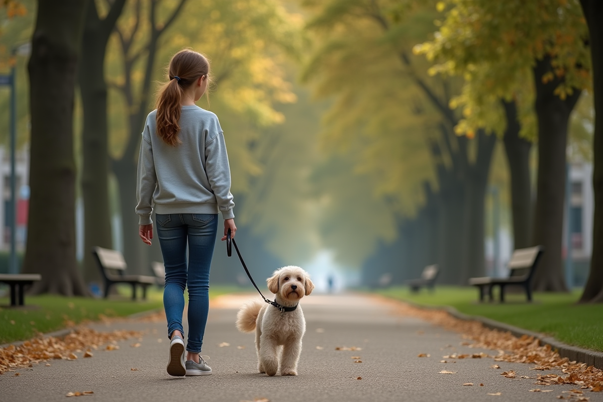 Adolescente de 14 ans promenant un chien dans un parc