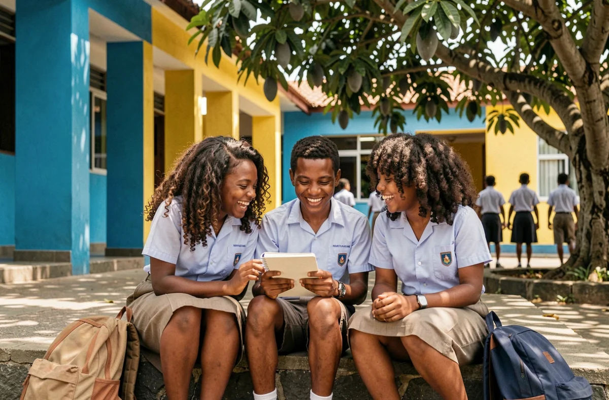 Adolescents martiniquais discutant de leur identité et de leurs prénoms dans la cour de leur école en Martinique