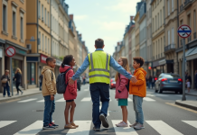 Agent de trafic aidant des enfants à traverser en sécurité en France