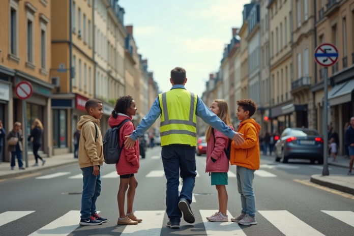Agent de trafic aidant des enfants à traverser en sécurité en France