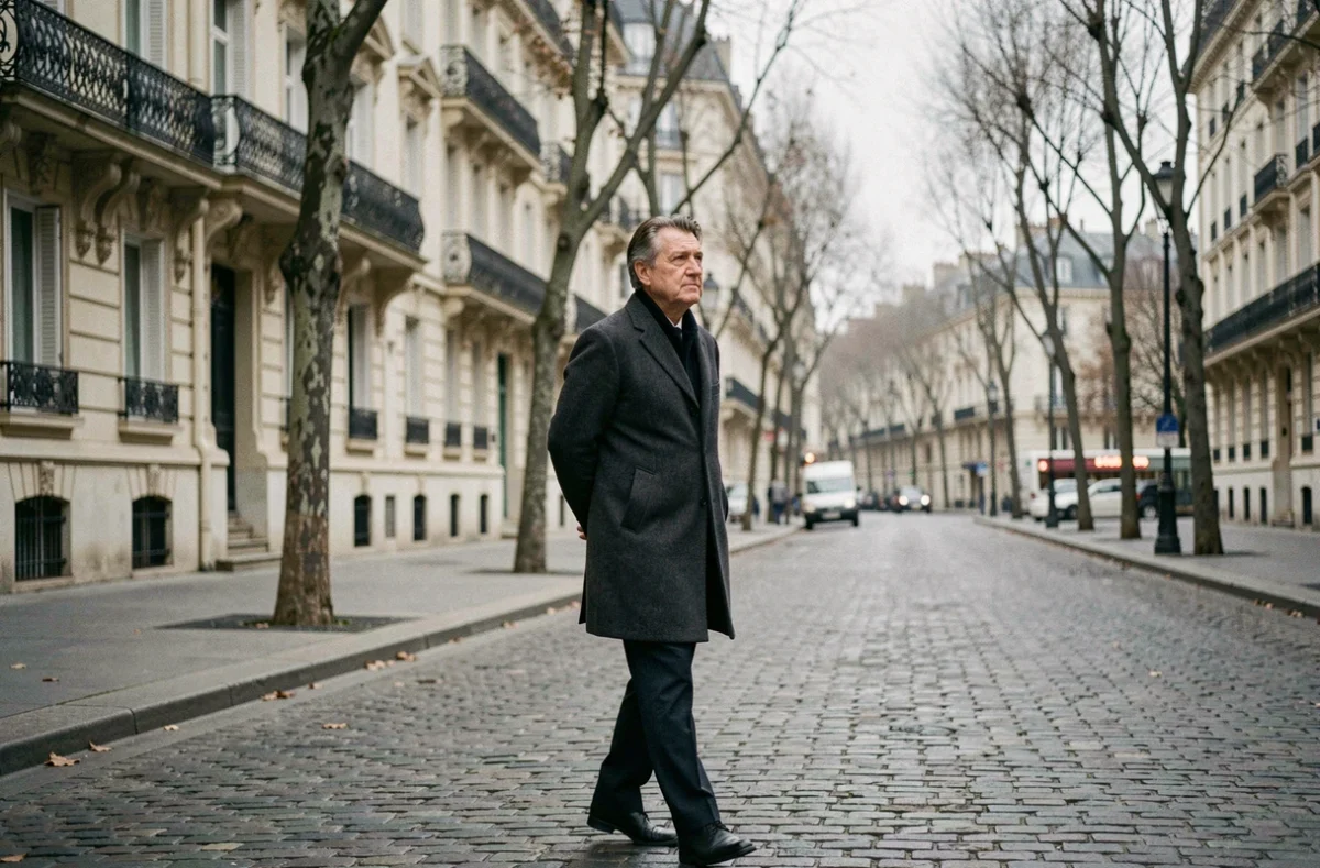 Homme marchant seul dans une rue pavée parisienne sous un ciel automnal, évoquant la discrétion et la vie personnelle d'une personnalité publique