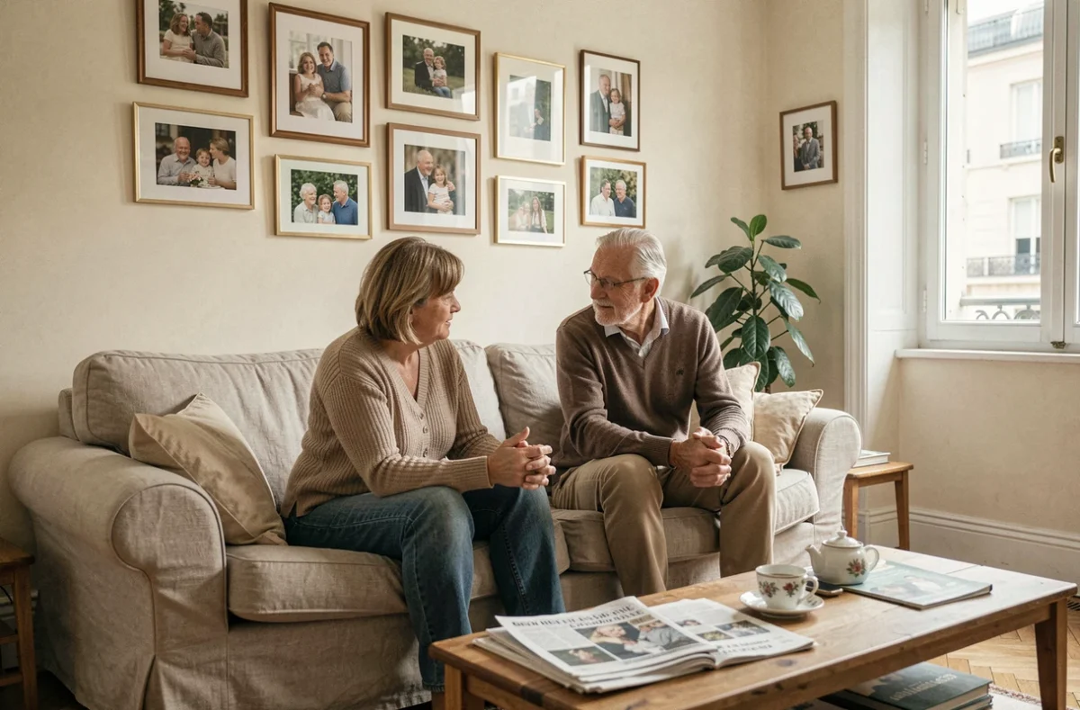 Scène intimiste dans un appartement parisien représentant deux adultes en conversation privée, illustrant les questions de vie familiale et de secrets personnels