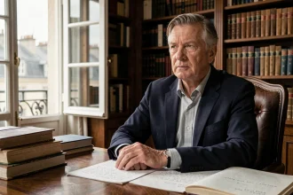 Portrait d'un homme distingué dans un bureau parisien classique, illustrant la vie privée et le personnage public d'Alain Bauer