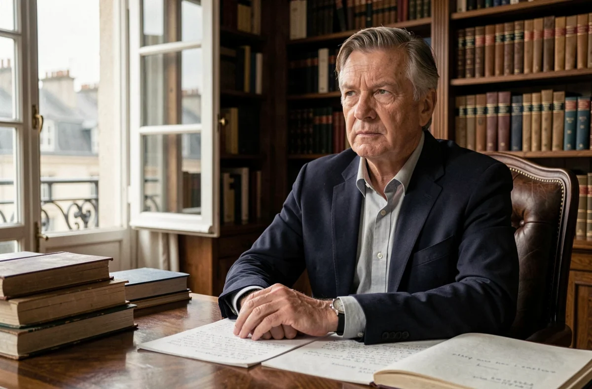 Portrait d'un homme distingué dans un bureau parisien classique, illustrant la vie privée et le personnage public d'Alain Bauer