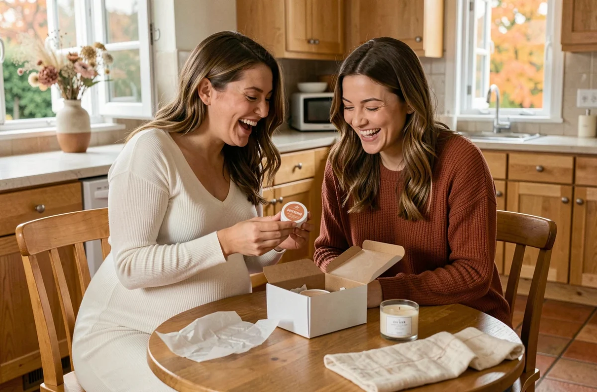 Deux amies partageant un moment de joie autour d'un coffret cadeau de grossesse sur une table en bois dans une cuisine chaleureuse