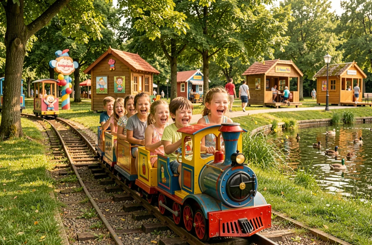 Enfants riant dans le petit train du parc Amigoland dans le Gard