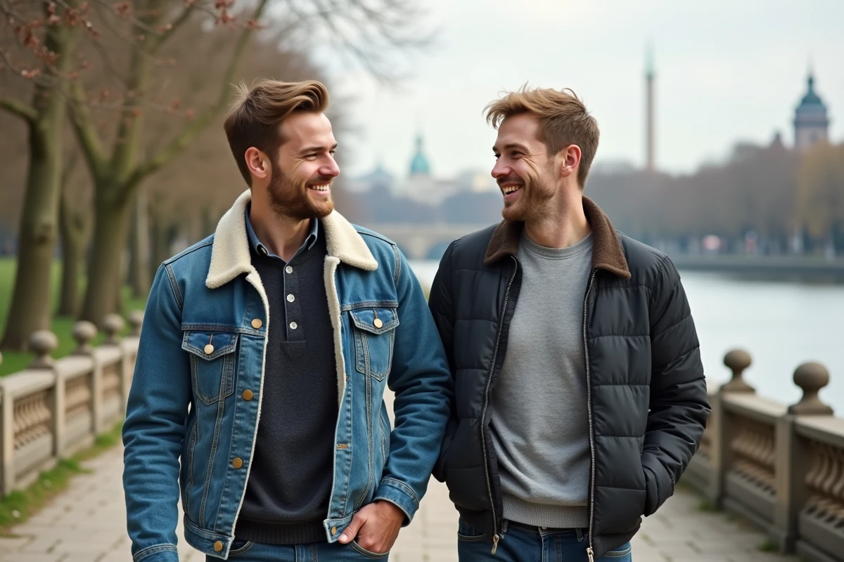 Deux amis souriants se promenant dans un parc au bord de la rivière