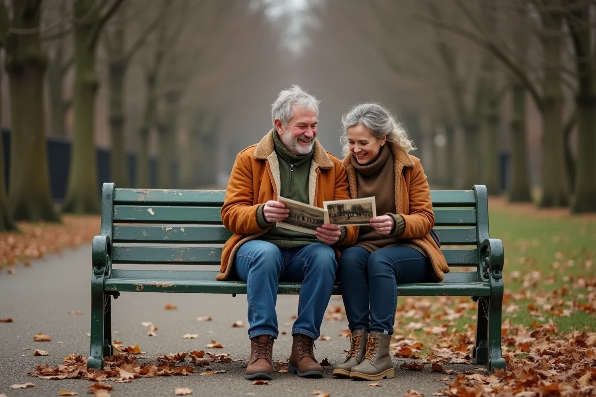 Deux amis adultes riant en regardant des photos d'enfance sur un banc de parc en automne