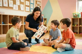 Animatrice de centre de loisirs montrant des fiches éducatives anti-poux à un groupe d'enfants assis en demi-cercle