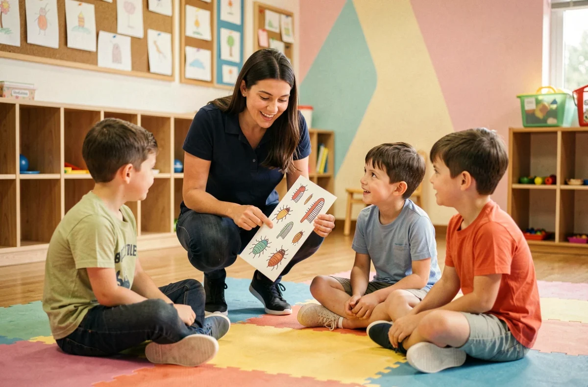Animatrice de centre de loisirs montrant des fiches éducatives anti-poux à un groupe d'enfants assis en demi-cercle