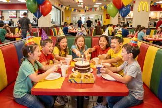 Groupe d'enfants fêtant un anniversaire dans un restaurant McDonald's avec décorations et gâteau sur la table