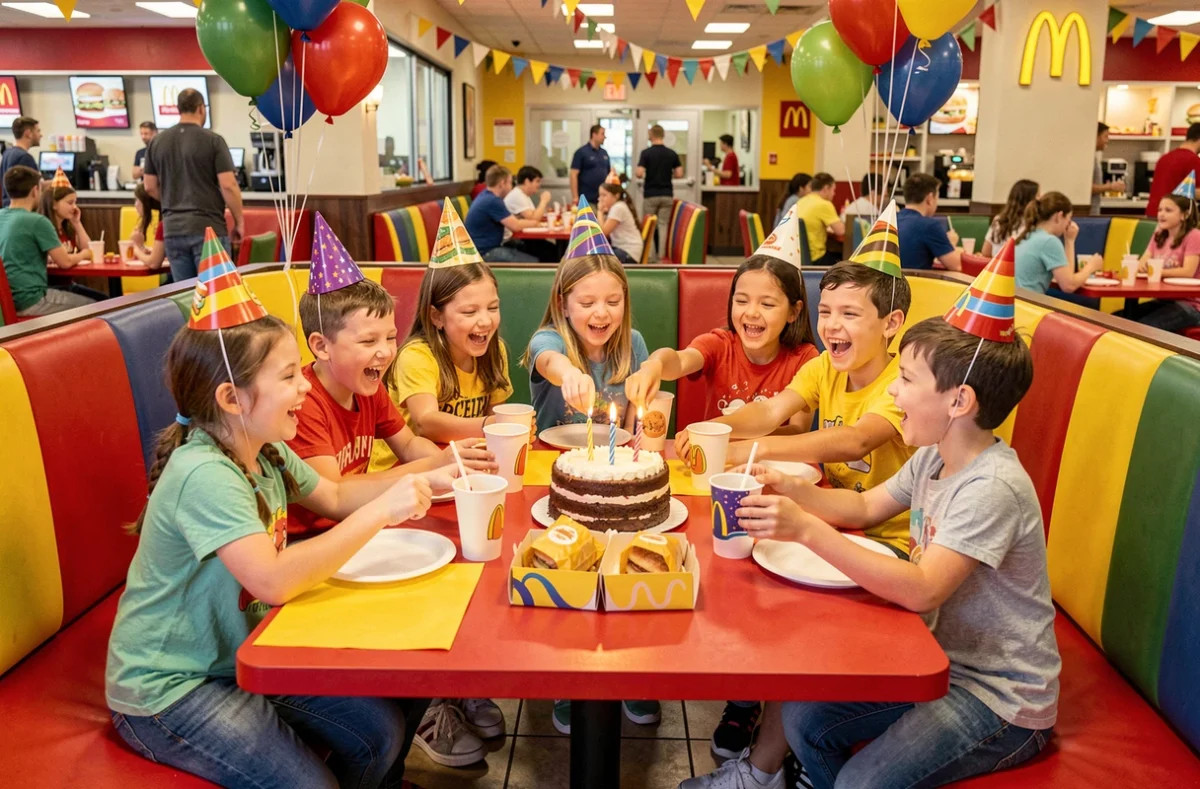 Groupe d'enfants fêtant un anniversaire dans un restaurant McDonald's avec décorations et gâteau sur la table