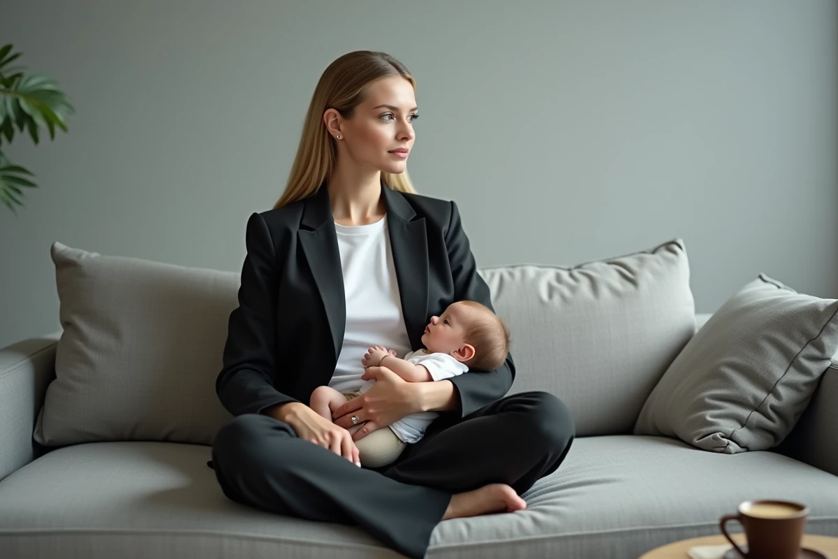 Femme artiste et mère tenant son bébé lors d'une session photo editoriale en studio minimaliste, ambiance professionnelle et maternelle