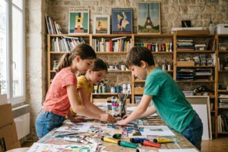 Enfants concentrés sur un atelier créatif dans un centre éducatif parisien pendant les vacances