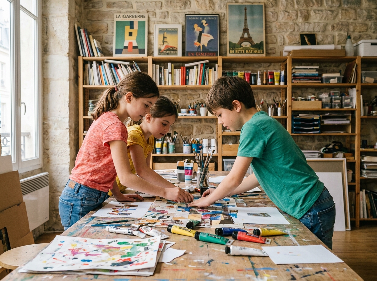 Enfants concentrés sur un atelier créatif dans un centre éducatif parisien pendant les vacances