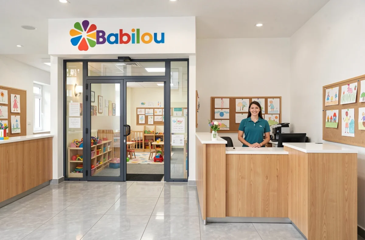 Entrée accueillante d'une crèche Babilou dans les Hauts-de-France avec personnel d'accueil et espace moderne