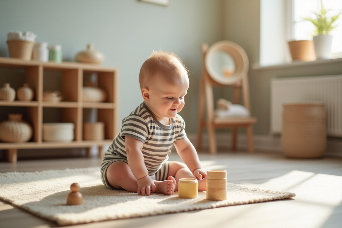 Bébé de 8 mois assis sur un tapis avec des gobelets Montessori