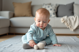 Bébé de 9 mois assis sur un tapis de jeu gris clair