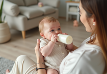 Bebe fille de trois mois allongée dans les bras de sa mère en train de boire