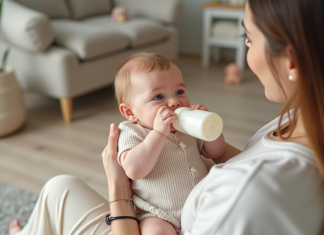 Alimentation bébé 3 mois : que manger à cet âge ? Bebe fille de trois mois allongée dans les bras de sa mère en train de boire