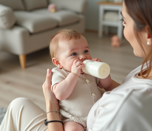 Alimentation bébé 3 mois : que manger à cet âge ? Bebe fille de trois mois allongée dans les bras de sa mère en train de boire