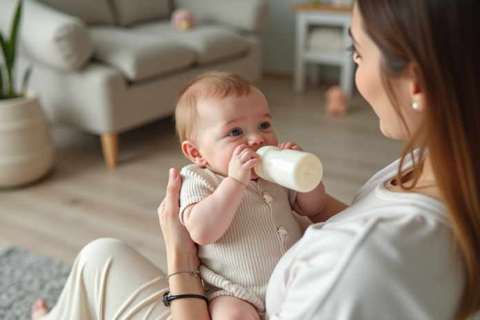 Bebe fille de trois mois allongée dans les bras de sa mère en train de boire