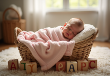 Nouveau-né dormant paisiblement dans un panier en osier avec une ambiance chaleureuse