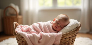 Nouveau-né dormant paisiblement dans un panier en osier avec une ambiance chaleureuse