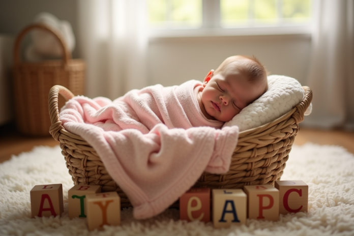 Nouveau-né dormant paisiblement dans un panier en osier avec une ambiance chaleureuse