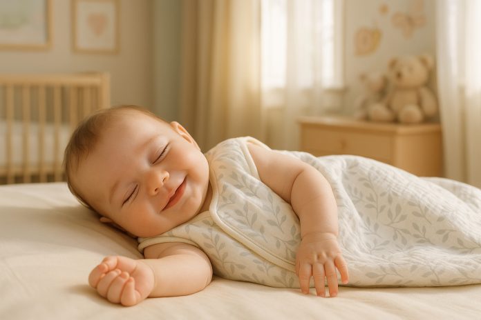 Bébé souriant dormant paisiblement dans une nurserie chaleureuse