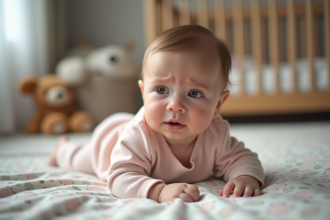 Bébé fille de six mois dans un lit de nursery douce