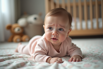 Bébé fille de six mois dans un lit de nursery douce