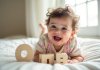 Bébé fille souriante portant une tenue pastel sur un fond blanc