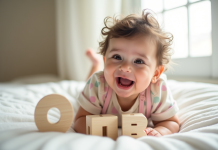 Bébé fille souriante portant une tenue pastel sur un fond blanc
