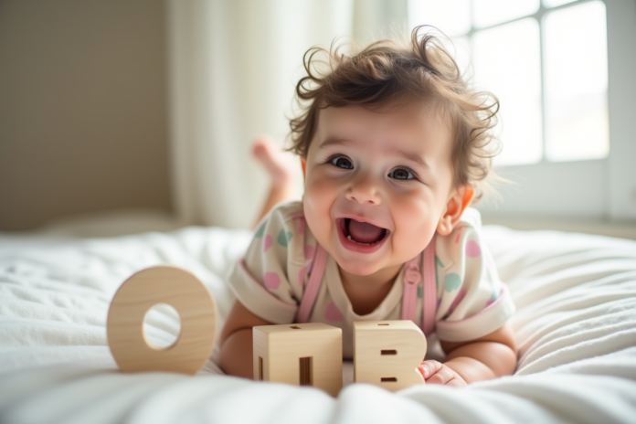 Bébé fille souriante portant une tenue pastel sur un fond blanc