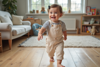 Bebe fille en salopette pastel marche dans le salon