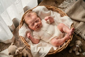 Bébé reborn en silicone réaliste posé dans un panier en osier avec une couverture en mousseline ivoire