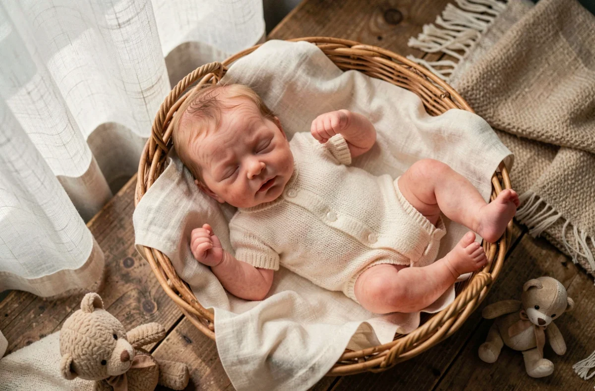 Bébé reborn en silicone réaliste posé dans un panier en osier avec une couverture en mousseline ivoire