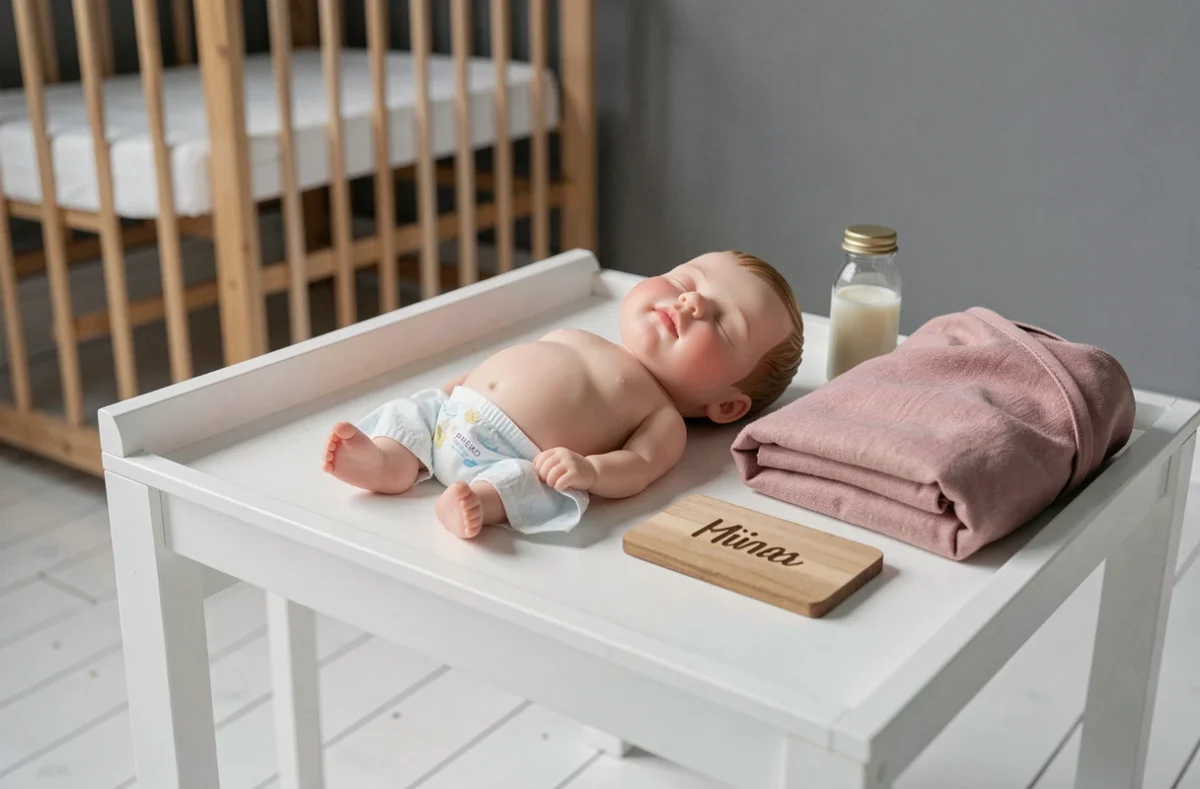 Bébé reborn en silicone posé sur une table à langer avec accessoires de puériculture dans une chambre style scandinave