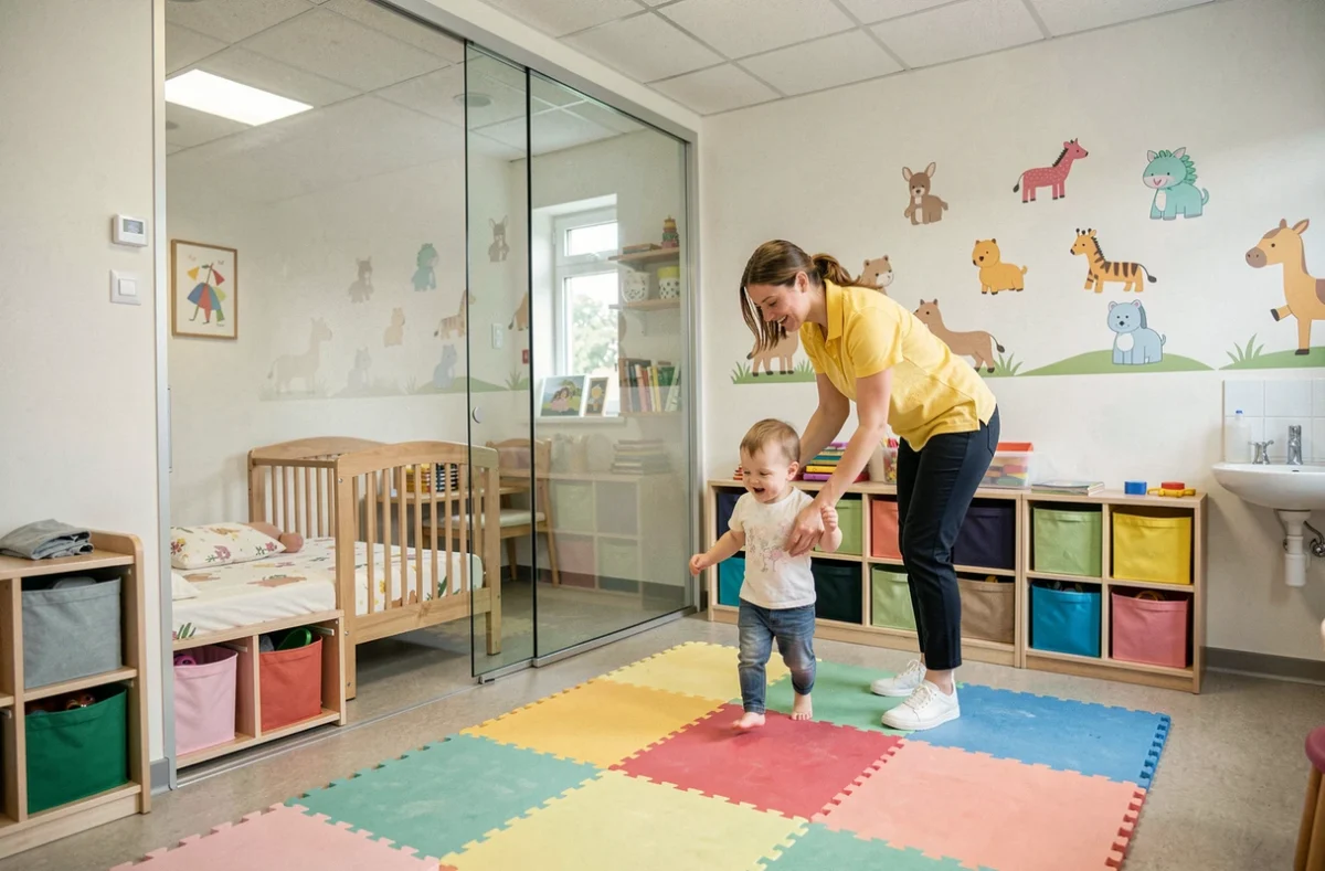 Espace de jeu et de motricité de la crèche Bébé Rêve à Jeumont avec éducatrice accompagnant un bébé