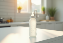 Biberon rempli de 200 ml sur plan de travail lumineux