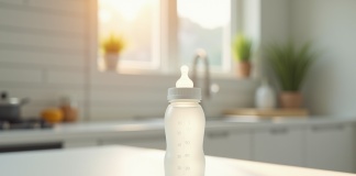 Biberon rempli de 200 ml sur plan de travail lumineux