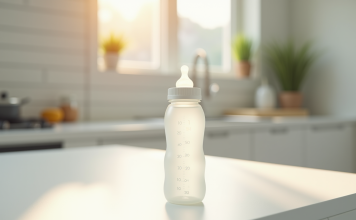 Volume des biberons : pour une bonne conversion des 200 ml en cl Biberon rempli de 200 ml sur plan de travail lumineux