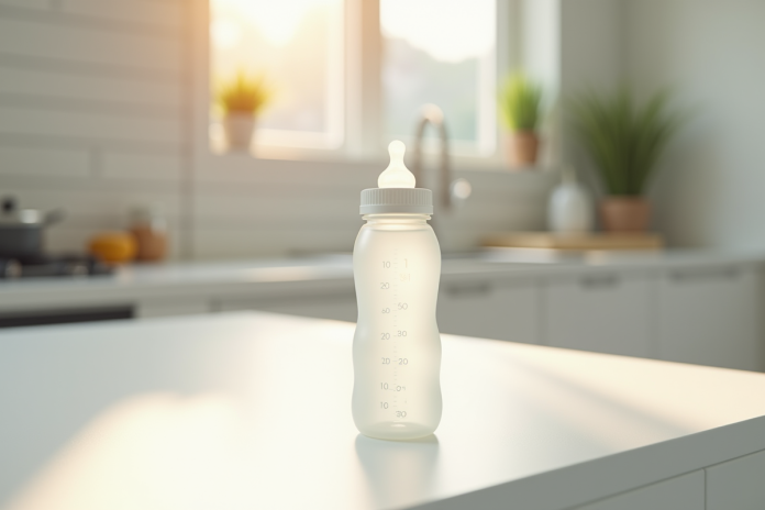 Biberon rempli de 200 ml sur plan de travail lumineux