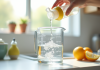 Biberon en gros plan rempli d'eau avec un verre doseur