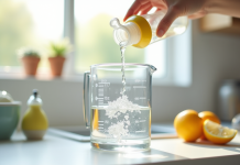Biberon en gros plan rempli d'eau avec un verre doseur