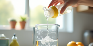 Biberon en gros plan rempli d'eau avec un verre doseur
