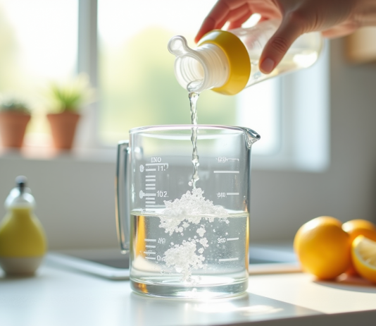 Biberon en gros plan rempli d'eau avec un verre doseur