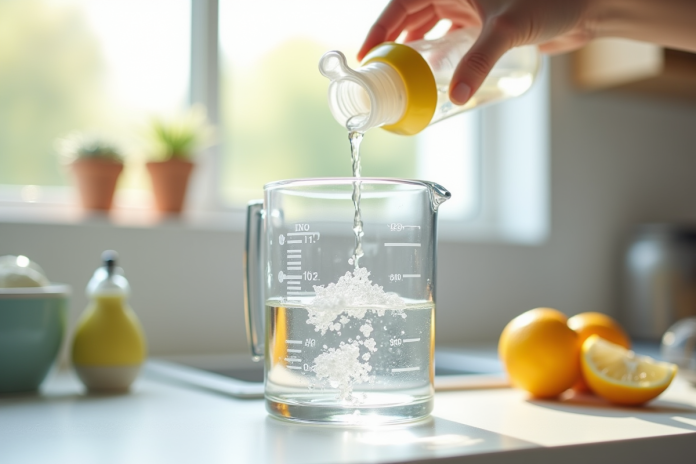 Biberon en gros plan rempli d'eau avec un verre doseur